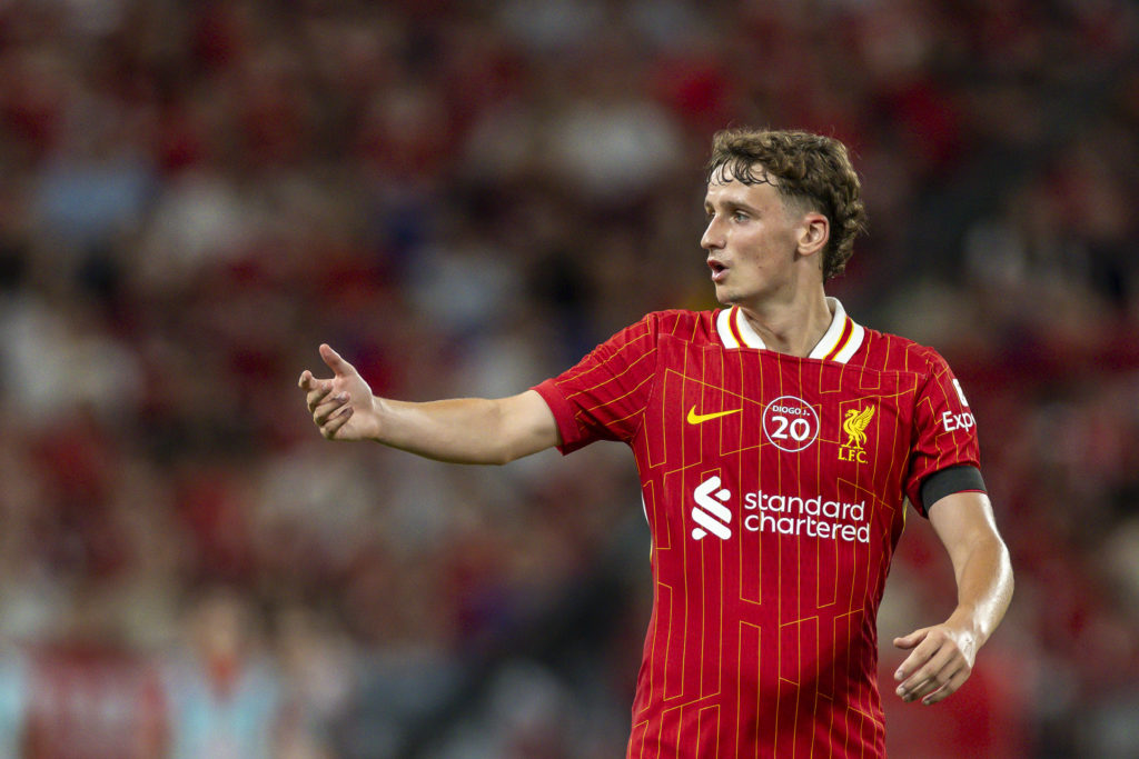 Tyler Morton of Liverpool gestures during the Liverpool FC v AC Milan Pre-Season Friendly match at Kai Tak Stadium