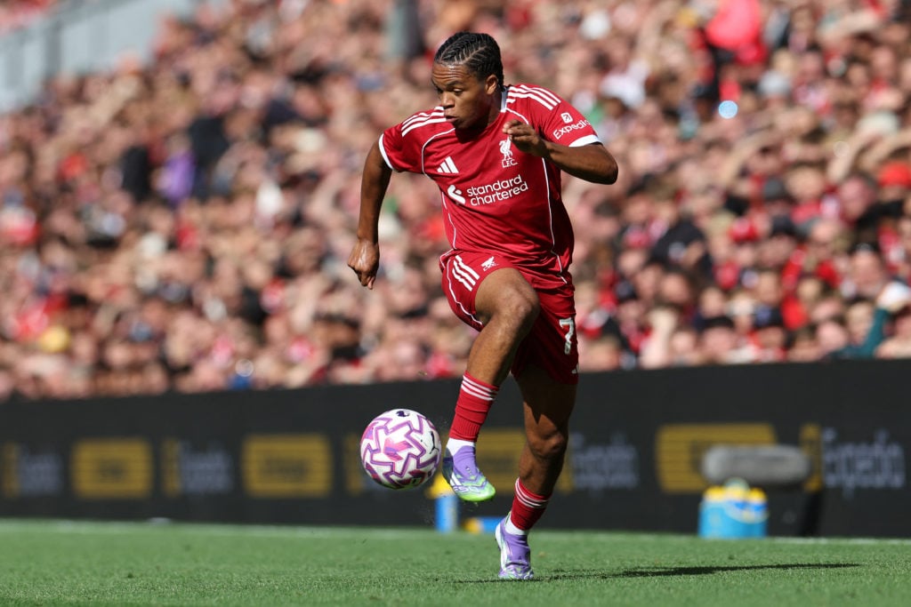 Rio Ngumoha controls the ball during Liverpool's pre-season friendly against Athletic Bilbao at Anfield.