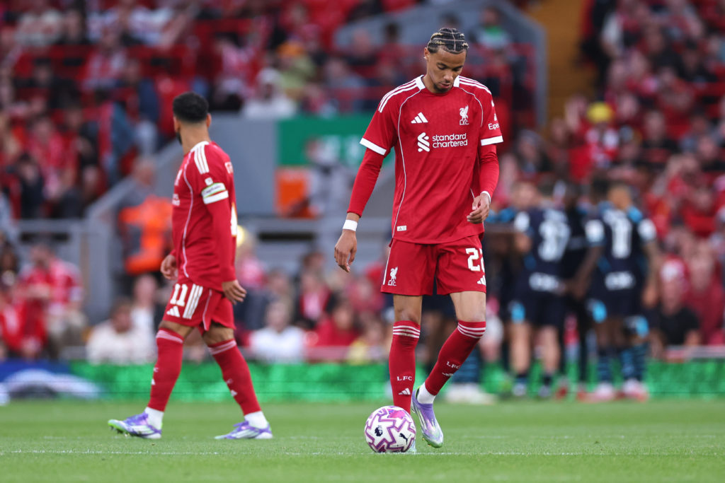 Hugo Ekitike rects after Athletic Bilbao score during the pre-season friendly at Anfield.