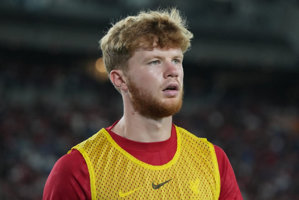 Liverpool youngster Luca Stephenson warms up during the pre-season match against Yokohama F. Marinos at the Nissan Stadium.
