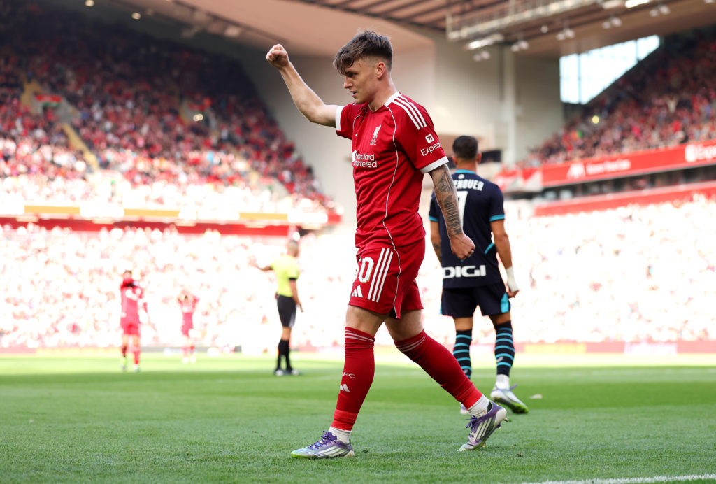 Ben Doak celebrates after forcing an own goal during Liverpool's pre-season friendly against Athletic Bilbao at Anfield