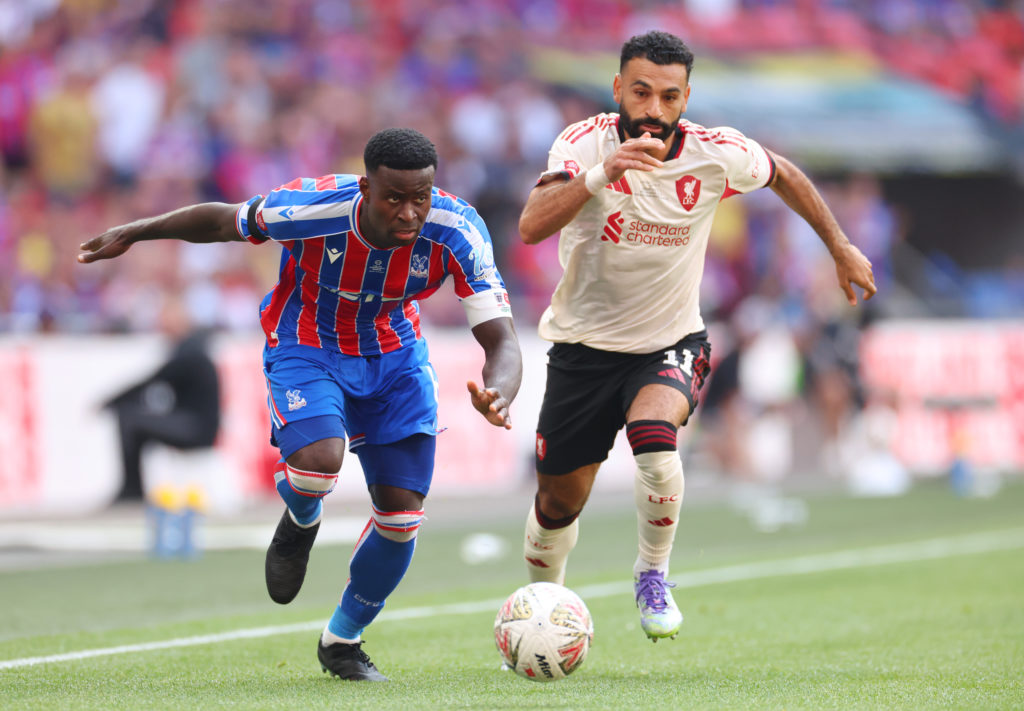 Marc Guehi and Mohamed Salah challenge for the ball during the Community Shield between Liverpool and Crystal Palace