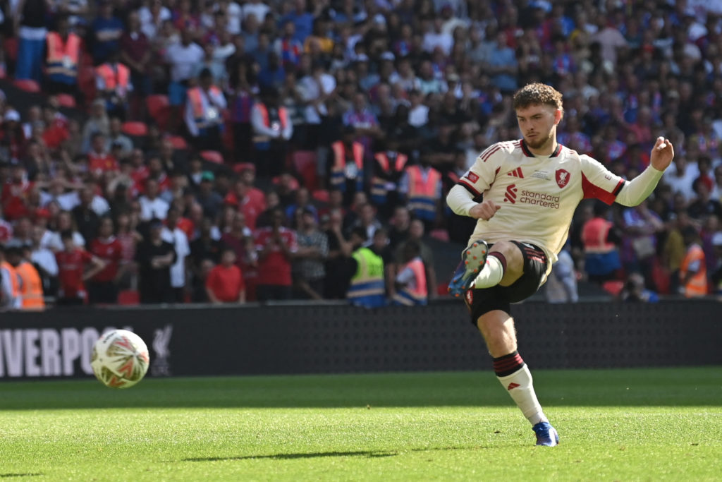Liverpool's Harvey Elliott has his penalty saved during the Community Shield against Crystal Palace at Wembley