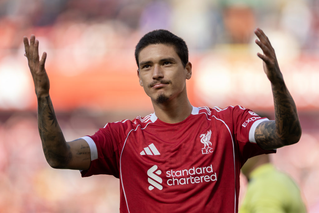 Darwin Nunez thanks the Anfield crowd after scoring for Liverpool during the pre-season match against Athletic Bilbao