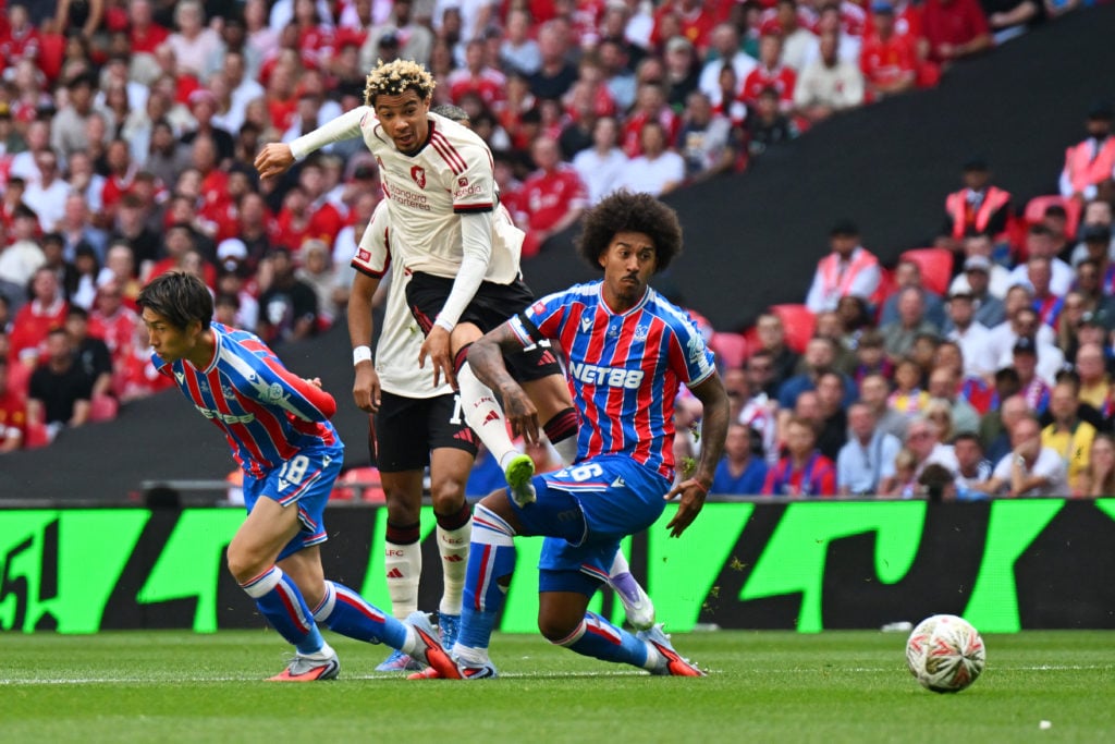 Hugo Ekitike scores for Liverpool during the Community Shield against Crystal Palace at Wembley