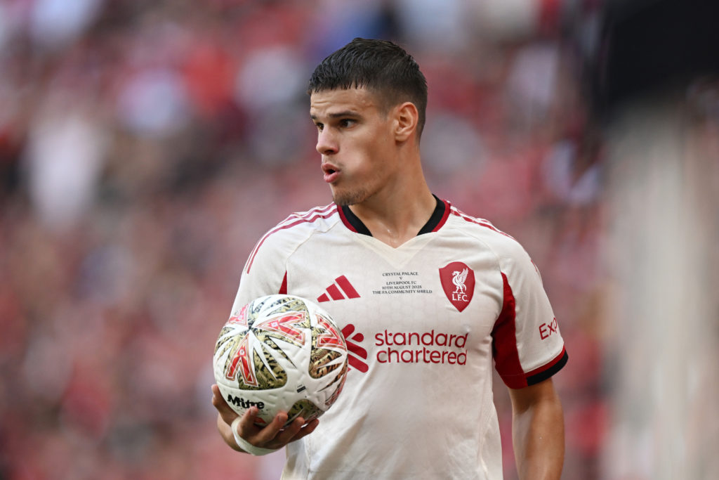 Milos Kerkez prepares to take a throw-in during the 2025 Community Shield between Liverpool and Crystal Palace at Wembley