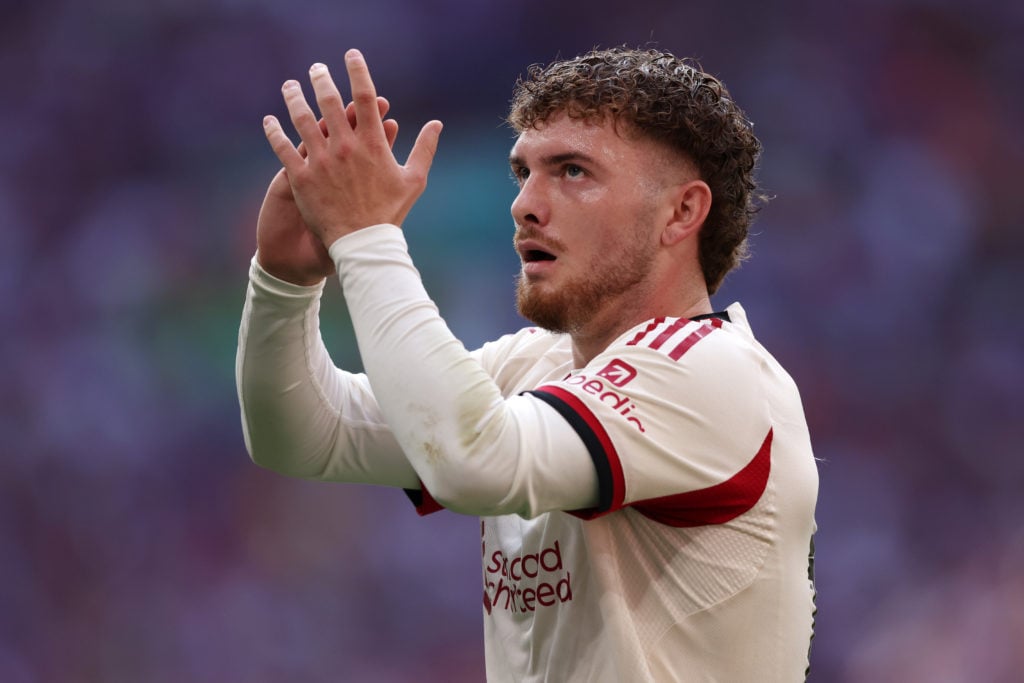 Harvey Elliott claps the Liverpool fans during the 2025 Community Shield against Crystal Palace