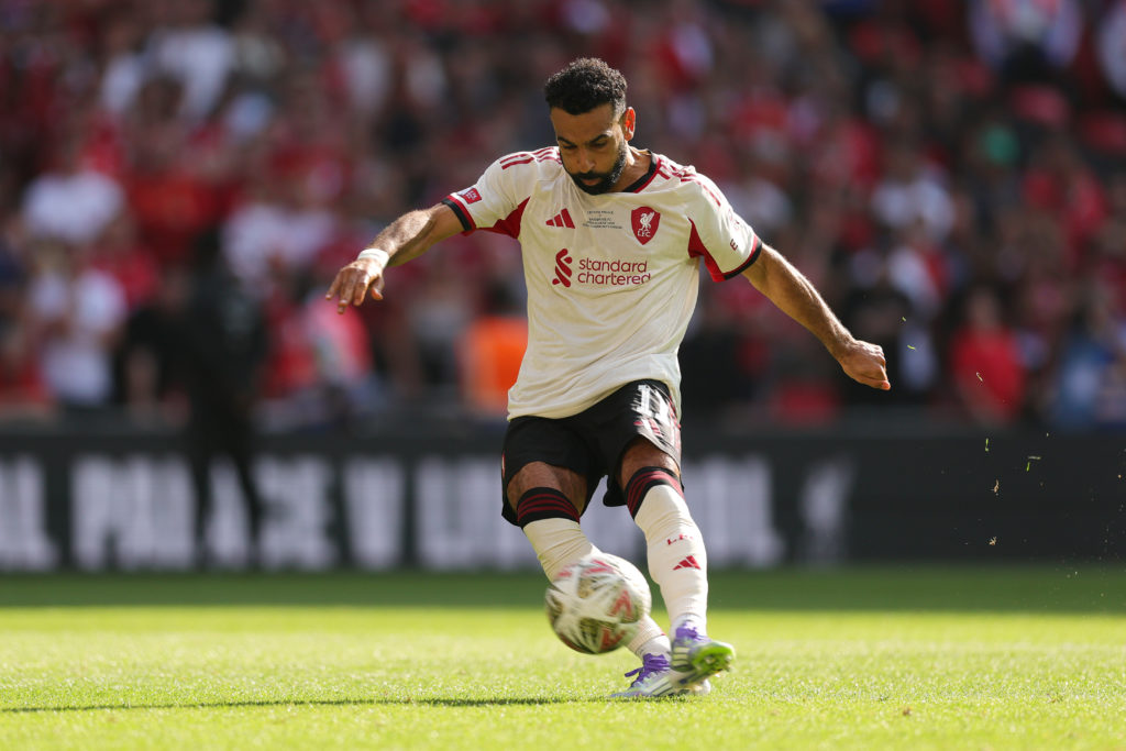 Mohamed Salah of Liverpool misses the team's first penalty in the penalty shoot out during the 2025 FA Community Shield match between Crystal Palace and Liverpool at Wembley Stadium
