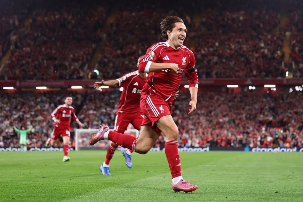 Federico Chiesa celebrates after scoring for Liverpool in the Premier League at Anfield against Bournemouth