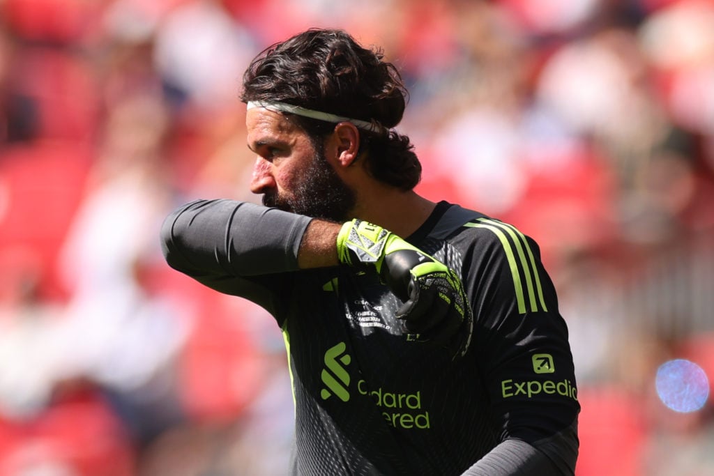 Alisson Becker in action during the 2025 Community Shield between Liverpool and Crystal Palace at Wembley Stadium