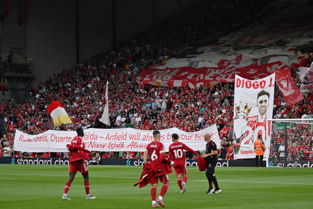 Liverpool players prepare for kick-off ahead of the Premier League match against Bournemouth at Anfield.