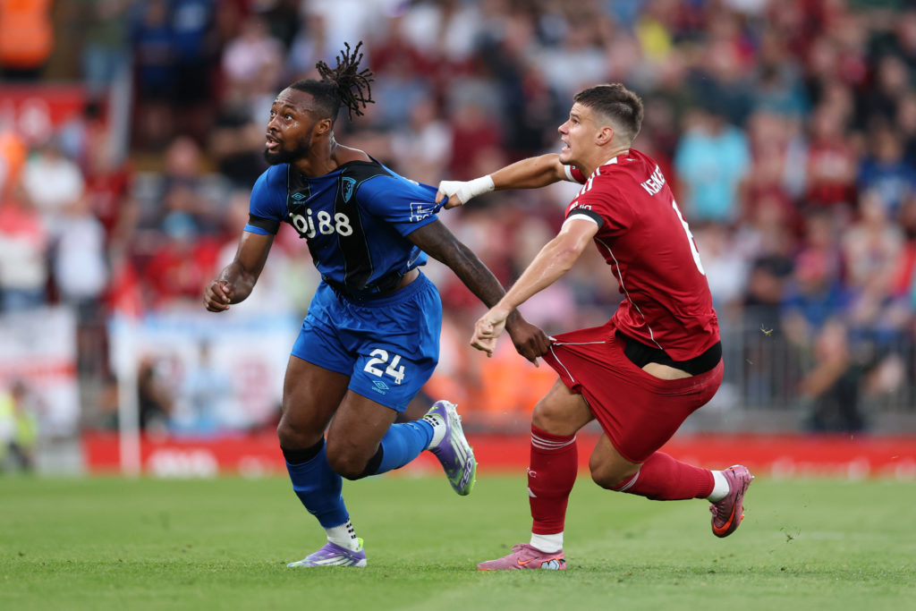 Antoine Semenyo of AFC Bournemouth and Milos Kerkez of Liverpool battle for possession during the Premier League match between Liverpool and Bournemouth at Anfield