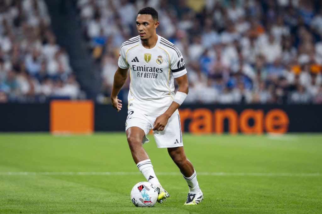Trent Alexander-Arnold on the ball during Real Madrid's La Liga match against Osasuna at Santiago Bernabeu