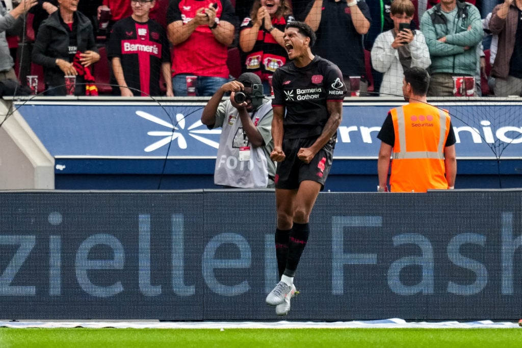Jarell Quansah celebrates after scoring for Bayer Leverkusen in the Bundesliga against Hoffenheim