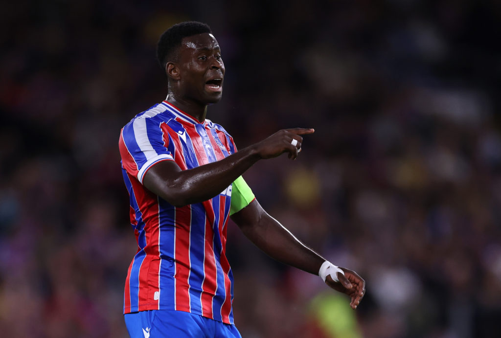 Marc Guehi of Crystal Palace reacts during the UEFA Conference League Play-off Round First Leg match between Crystal Palace and Fredrikstad at Selhurst Park