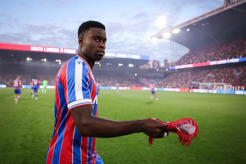 Marc Guehi of Crystal Palace reacts during the UEFA Conference League Play-off Round First Leg match between Crystal Palace and Fredrikstad at Selhurst Park on August 21, 2025 in London, England.
