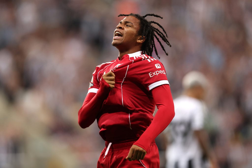 Rio Ngumoha celebrates after scoring for Liverpool against Newcastle at St James' Park