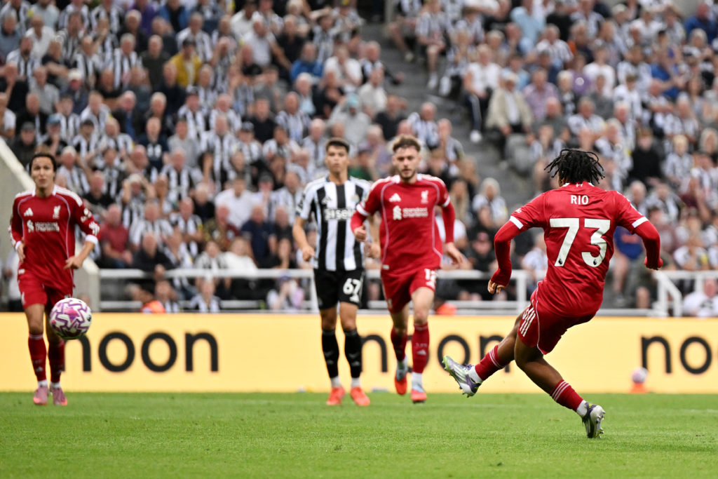 Rio Ngumoha scores for Liverpool against Newcastle United in the Premier League at St James' Park.