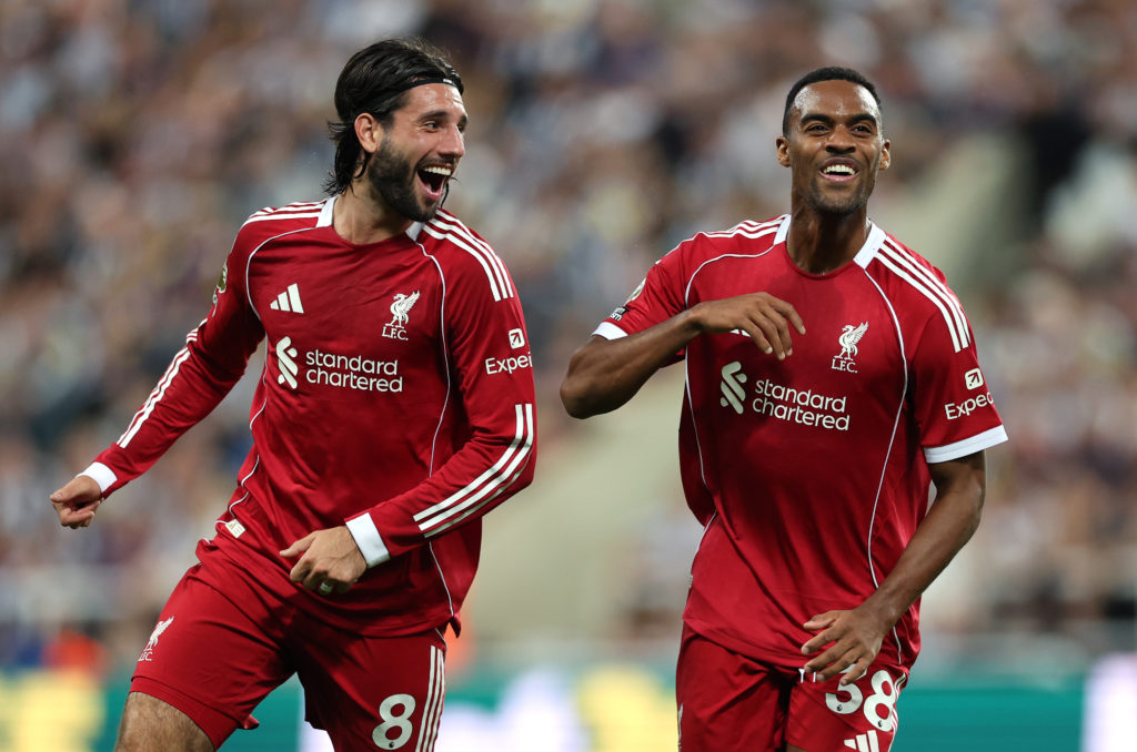 Dominik Szoboszlai celebrates with Ryan Gravenberch after his goal for Liverpool against Newcastle United in the Premier League at St James' Park.