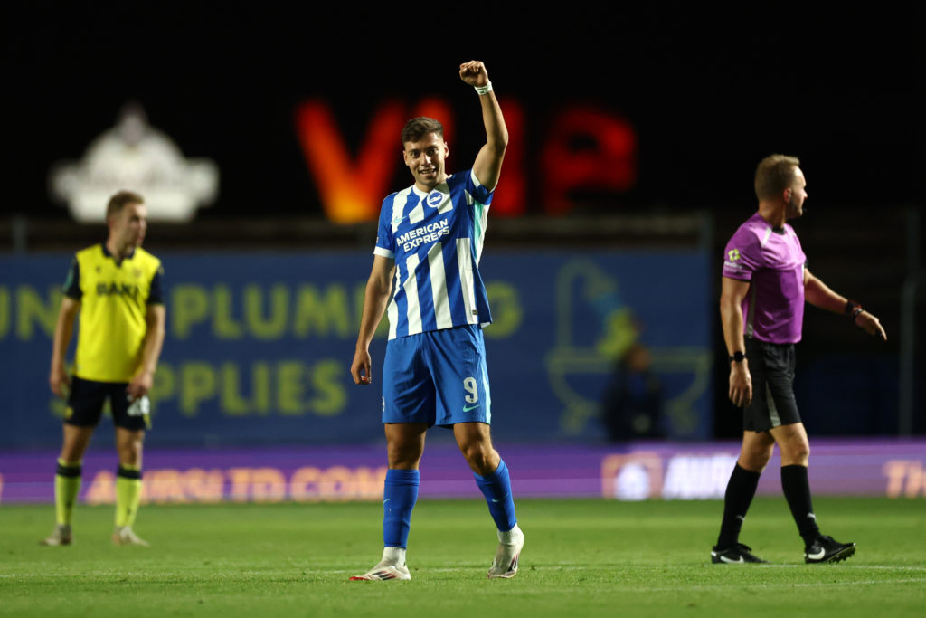 Stefanos Tzimas celebrates after scoring for Brighton in the Carabao Cup against Oxford United.
