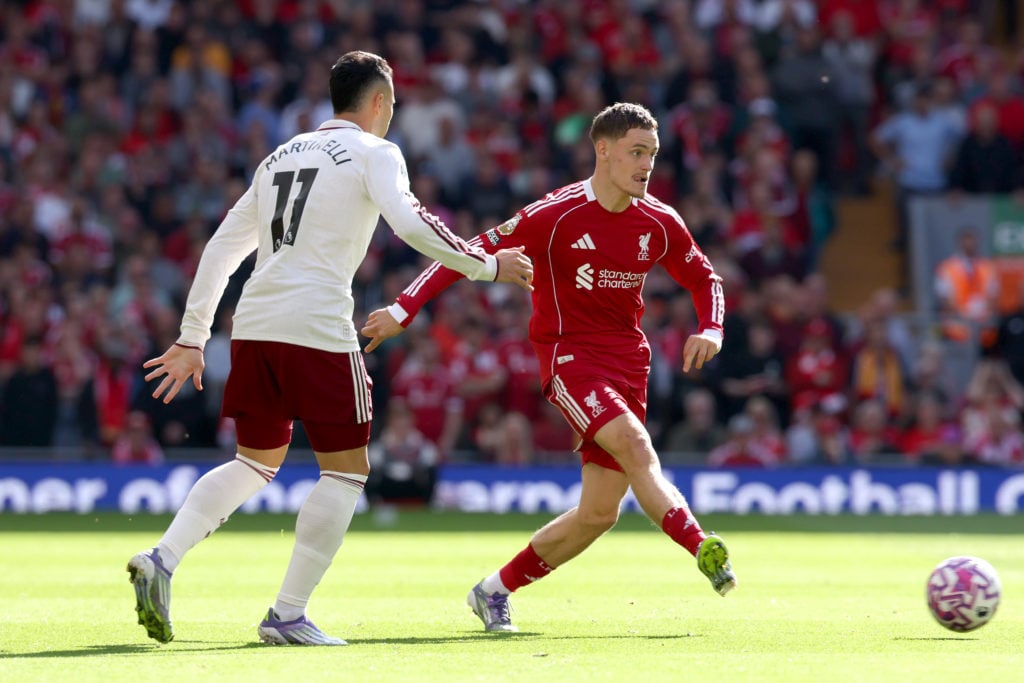 Florian Wirtz of Liverpool controls the ball during the Premier League match between Liverpool and Arsenal at Anfield.