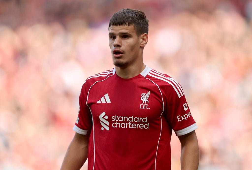 Milos Kerkez of Liverpool looks on during the Premier League match between Liverpool and Arsenal at Anfield.