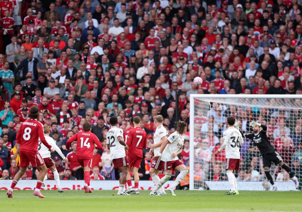 Dominik Szoboszlai scores a brilliant free-kick for Liverpool against Arsenal in the Premier League at Anfield.