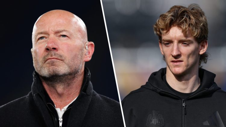Left: Alan Shearer pictured on his punditry duties. Right: Anthony Gordon in his Newcastle warm-up gear.