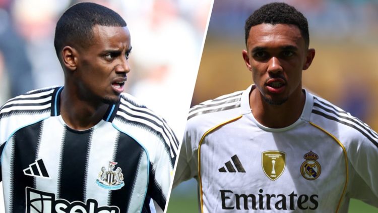 Alexander Isak gestures to teammates during Newcastle United's Premier League match against Everton at St James' Park. Trent Alexander-Arnold of Re...