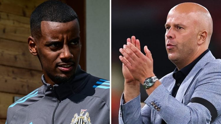 Left: Alexander Isak pictured during a training camp with Newcastle. Right: Arne Slot clapping the Liverpool fans after their Premier League game v...