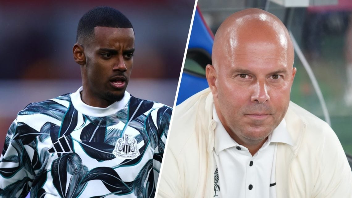 Left: Alexander Isak warming up for Newcastle ahead of a Premier League game. Right: Arne Slot pictured on the Liverpool bench looking off into the...