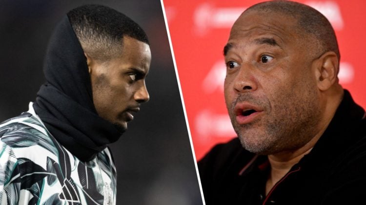 Left: Alexander Isak warming up for Newcastle. Right: John Barnes pictured during a Liverpool legends press conference.