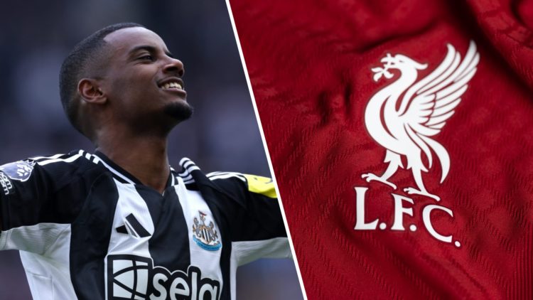 Alexander Isak celebrates after scoring for Newcastle United against Ipswich Town. Close-up of Liverpool badge on 2022/23 home shirt.