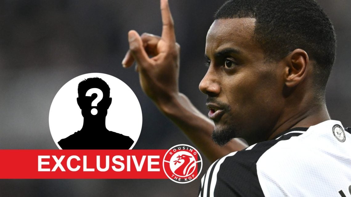 Alexander Isak wags his finger during a Premier League match between Newcastle United and Aston Villa at St James' Park. Mystery player silhouette ...