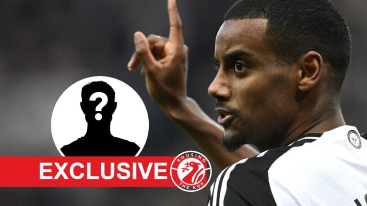 Alexander Isak wags his finger during a Premier League match between Newcastle United and Aston Villa at St James' Park. Mystery player silhouette ...