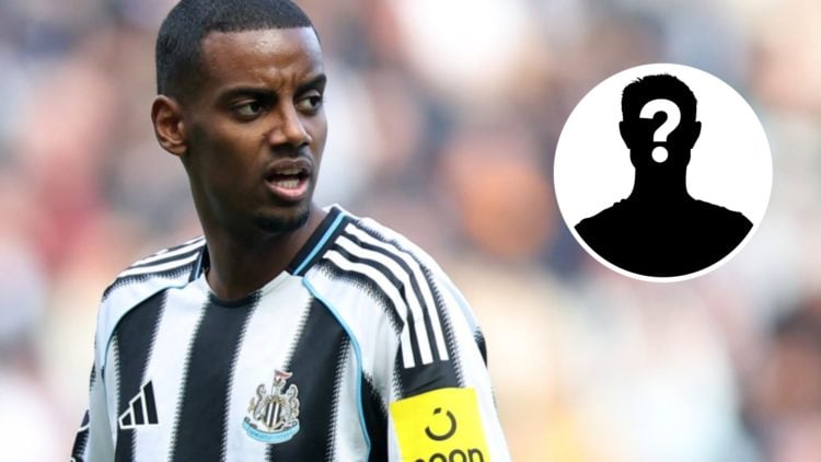 Main: Alexander Isak looking upset while playing for Newcastle. Insert: Mystery player