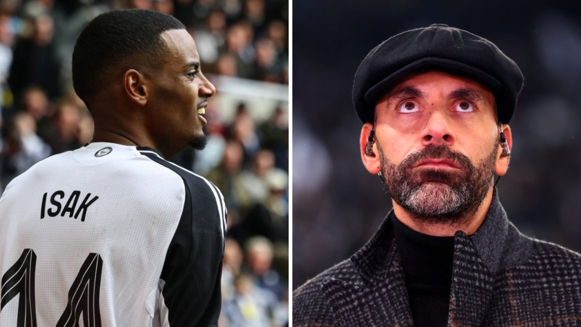 Left: Alexander Isak pictured playing for Newcastle. Right: Rio Ferdinand pictured on his presenting duties during a Champions League game.
