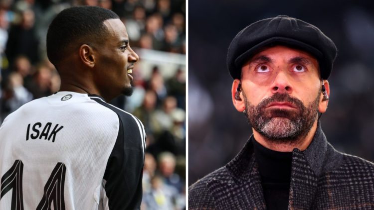 Left: Alexander Isak pictured playing for Newcastle. Right: Rio Ferdinand pictured on his presenting duties during a Champions League game.