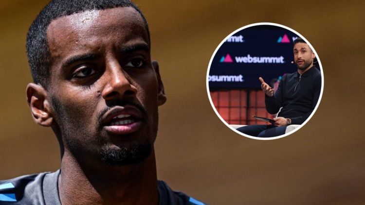 Alexander Isak arrives for a Newcastle United training session during a camp in Austria. Journalist David Ornstein pictured on stage during the Web...