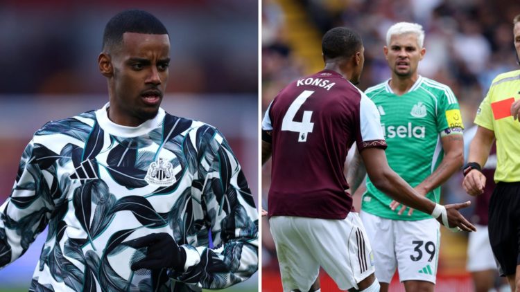 Alexander Isak warms up ahead of Newcastle United's Premier League match against Brentford. Aston Villa's Ezri Konsa receives a red card against Ne...