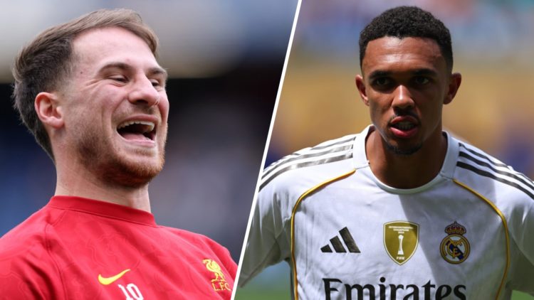 Alexis Mac Allister of Liverpool ahead of the Premier League match between Chelsea FC and Liverpool FC at Stamford Bridge. Trent Alexander-Arnold o...