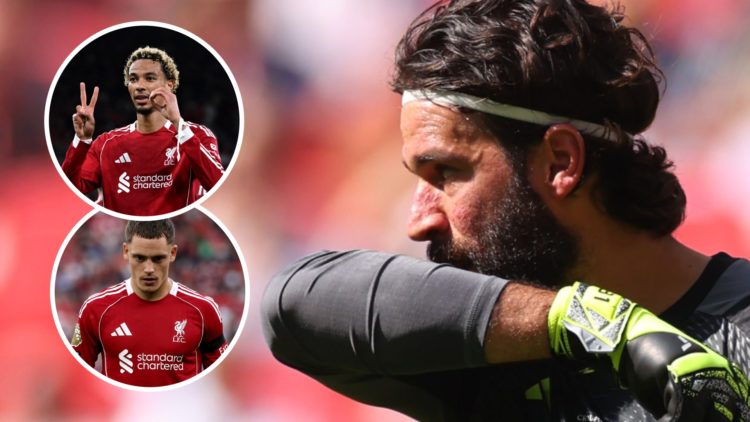 Alisson Becker in action during the 2025 Community Shield between Liverpool and Crystal Palace at Wembley Stadium. Florian Wirtz looks on during th...
