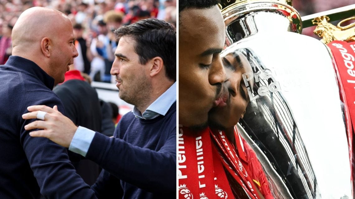 Arne Slot and Andoni Iraola greet each other ahead of the Premier League match between Liverpool and Bournemouth at Anfield. Ryan Gravenberch kisse...