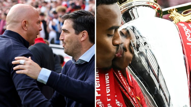 Arne Slot and Andoni Iraola greet each other ahead of the Premier League match between Liverpool and Bournemouth at Anfield. Ryan Gravenberch kisse...