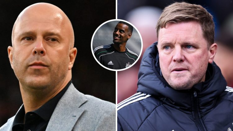 Arne Slot looks on ahead of Liverpool's Premier League match against Bournemouth at Anfield. Eddie Howe the head coach / manager of Newcastle Unite...