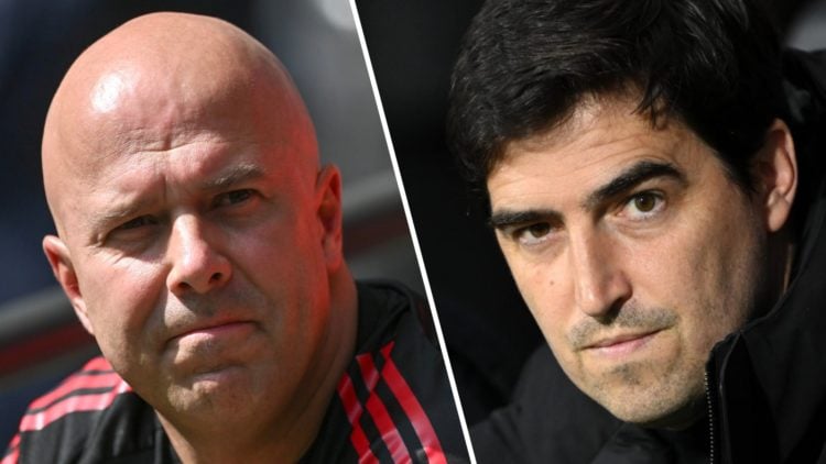 Arne Slot watches on from the bench ahead of Liverpool's pre-season match against Athletic Bilbao at Anfield. Andoni Iraola sits on the bench durin...