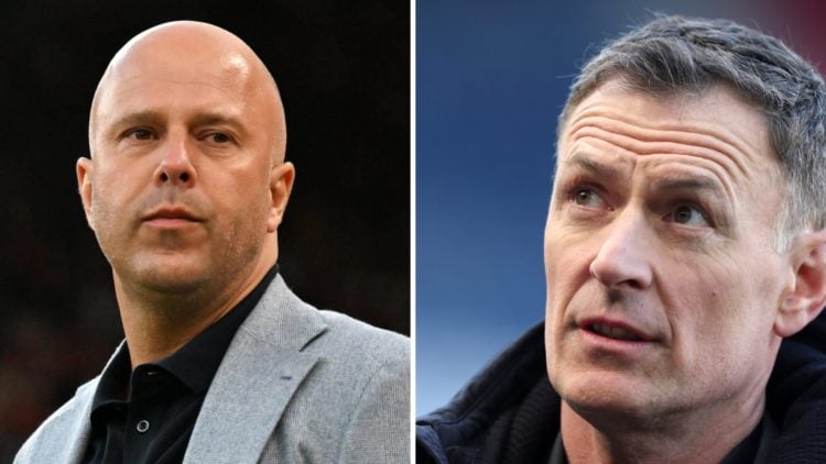 Left: Arne Slot on the Liverpool touchline in a suit. Right: Chris Sutton on his punditry duties.