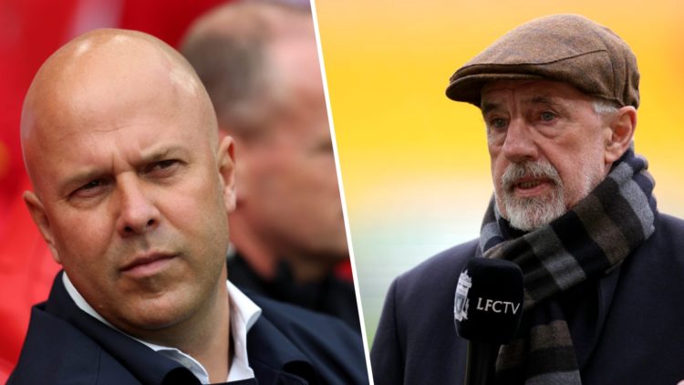 Left: Arne Slot looking determined on the Liverpool touchline. Right: Mark Lawrenson making an appearance on LFCTV.