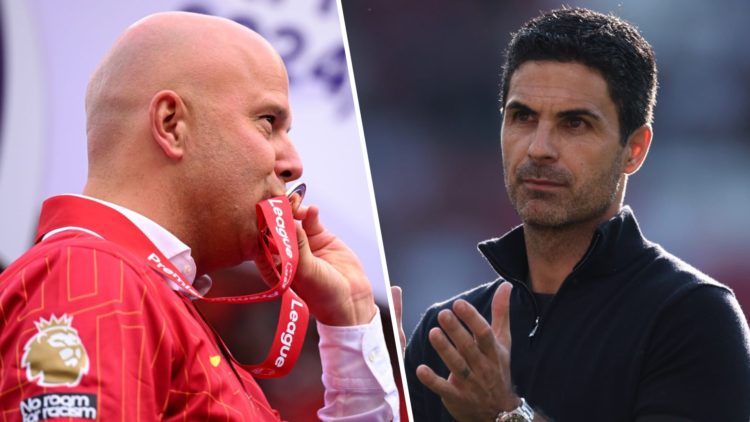 Left: Arne Slot kissing his Premier League medal after winning the title with Liverpool. Right: Mikel Arteta clapping the Arsenal fans after their ...