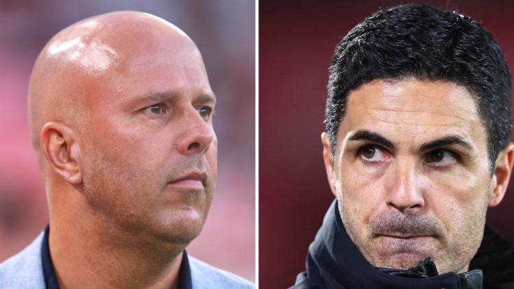 Arne Slot manager / head coach of Liverpool during the Premier League match between Liverpool and Bournemouth at Anfield (Left)Mikel Arteta manager...